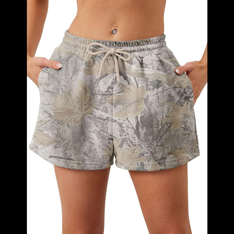 Avis camo elastic waist shorts with drawstring and side pockets in neutral leaf pattern