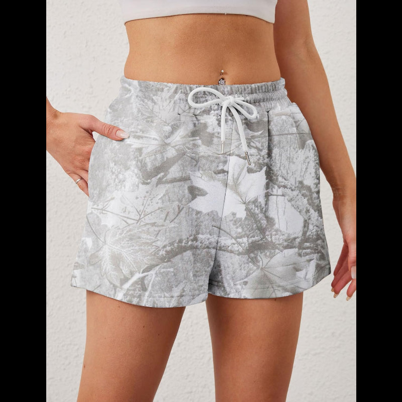 Avis camo elastic waist shorts in gray and white with drawstring and leaf pattern