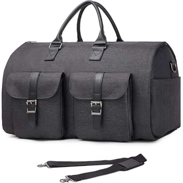 ForKumi 40L men's duffle bag in black with dual front pockets and detachable shoulder strap