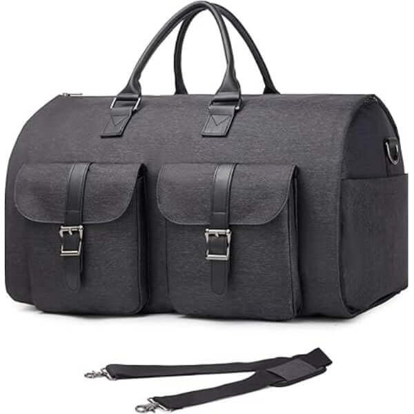 ForKumi 40L men's duffle bag in dark gray with dual front buckle pockets and detachable shoulder strap
