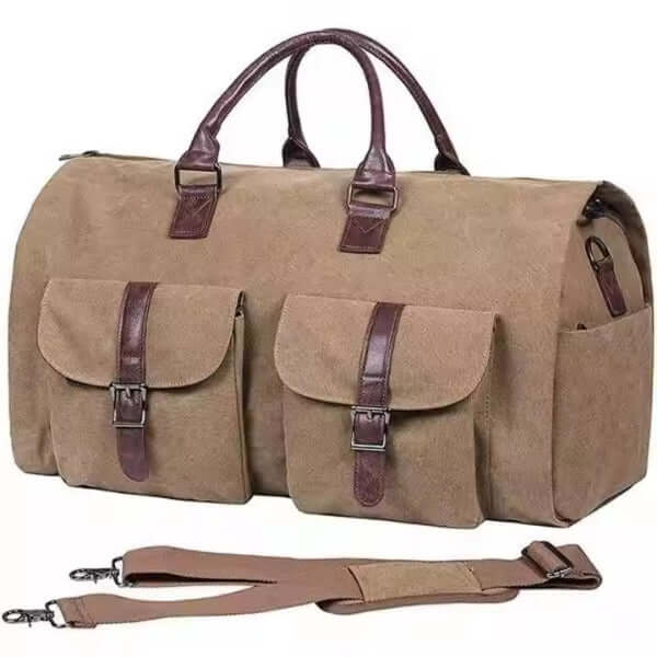 ForKumi 40L men's duffle bag in brown canvas with leather handles and detachable shoulder strap