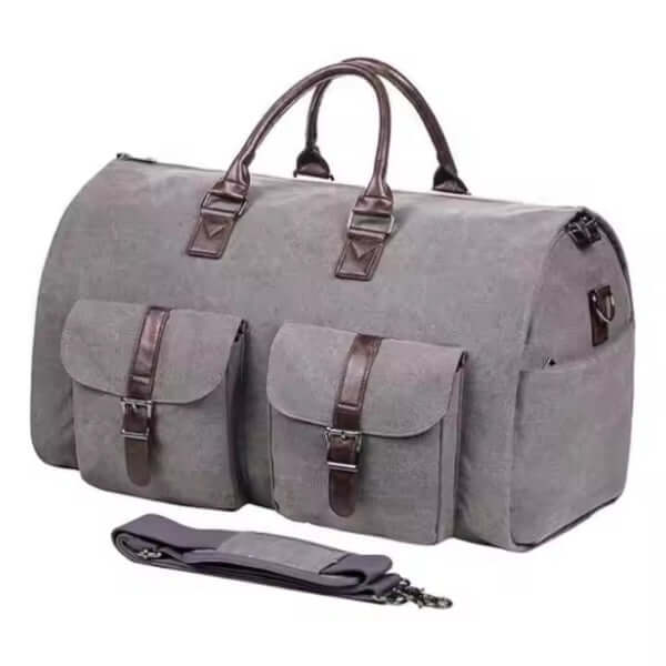 ForKumi 40L men's duffle bag in gray with dual front pockets and detachable shoulder strap