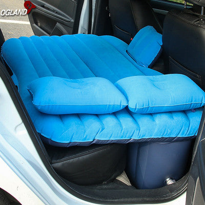 ForKumi blue car air mattress with pump inflated in the backseat for comfortable travel and resting