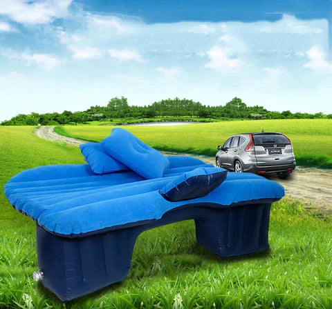 ForKumi blue car air mattress with pump inflated inside an SUV for outdoor travel comfort