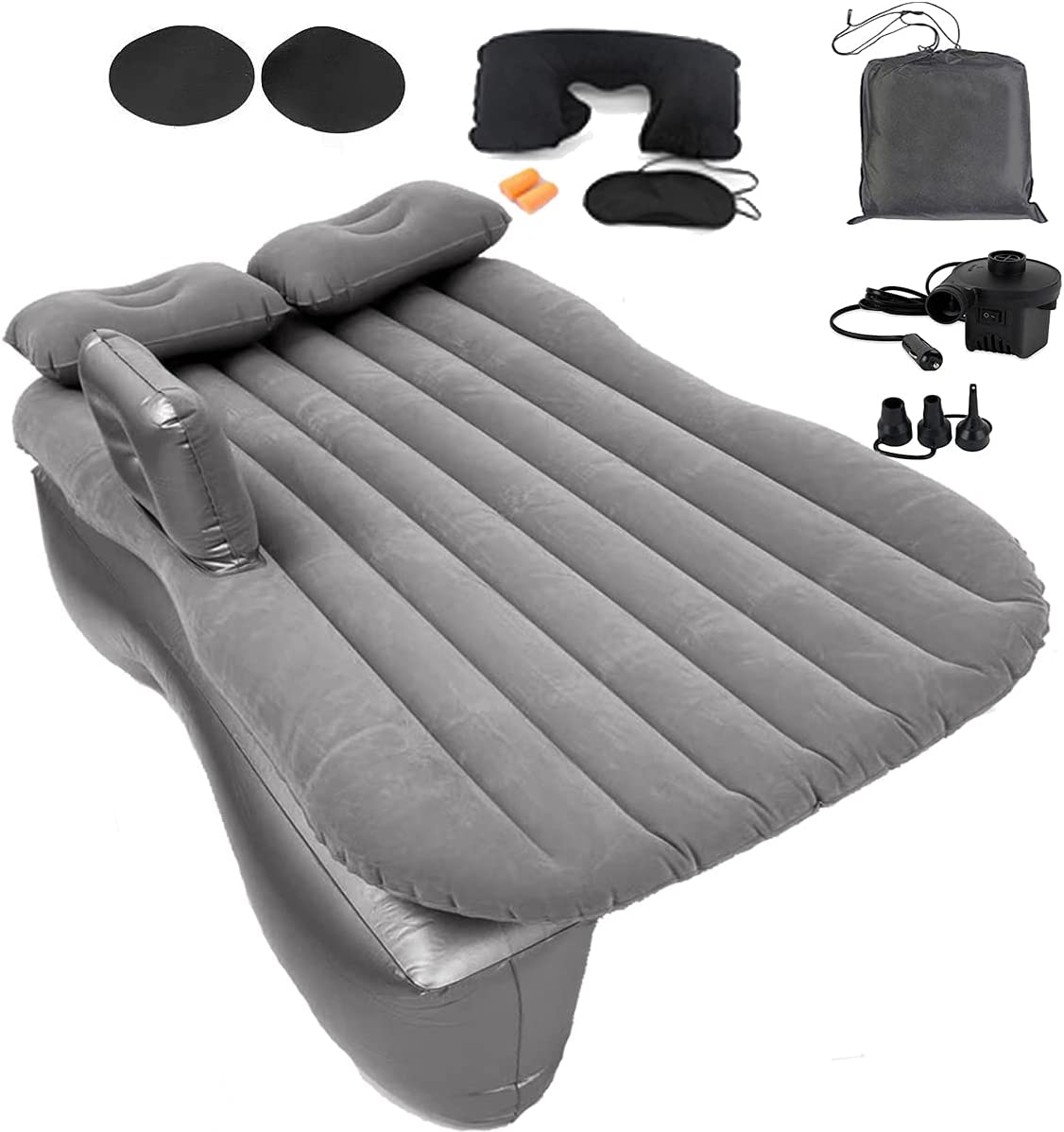 ForKumi car air mattress with pump in gray including inflatable pillows neck pillow eye mask and carrying bag