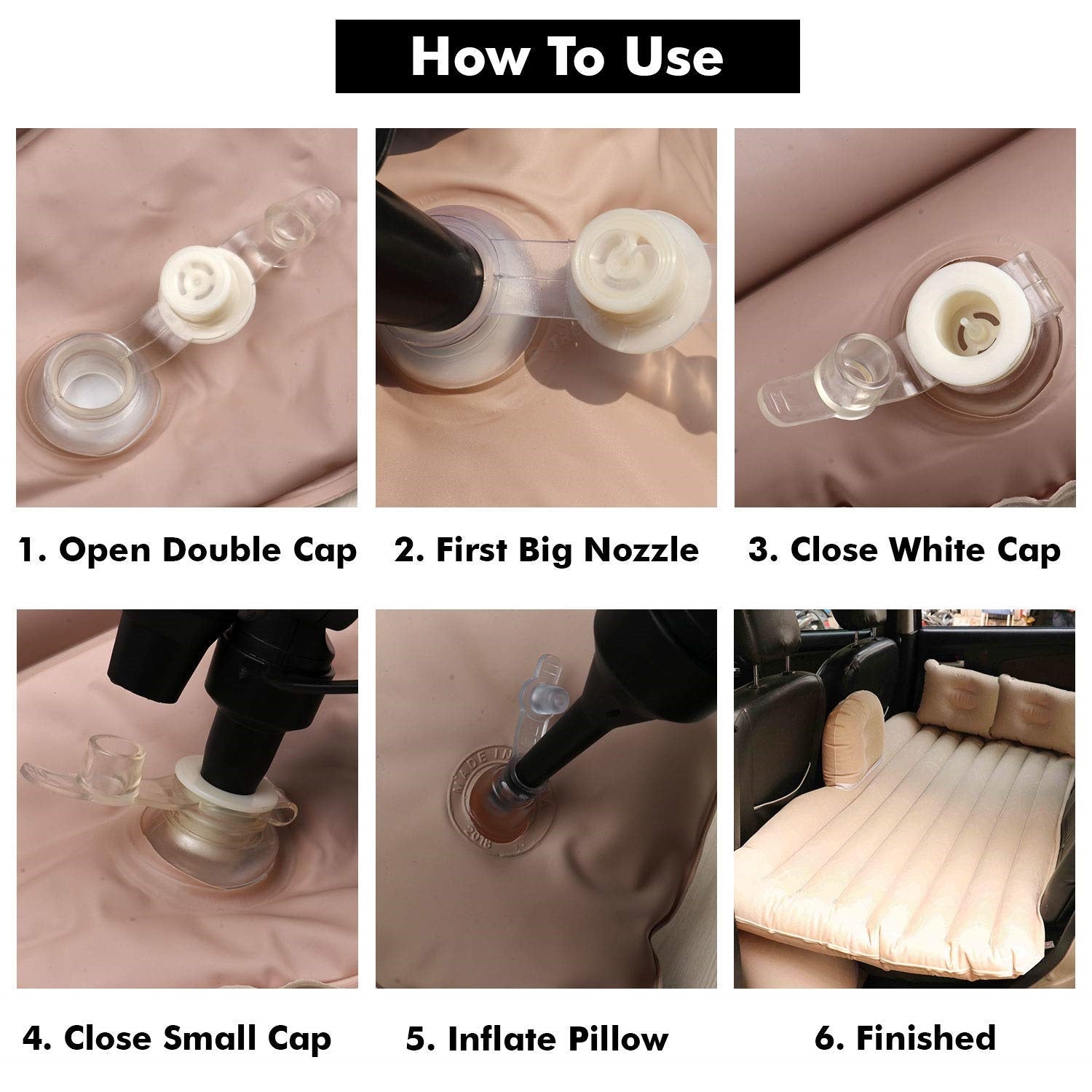 Step-by-step guide showing how to use ForKumi car air mattress with pump inflating the mattress in a car
