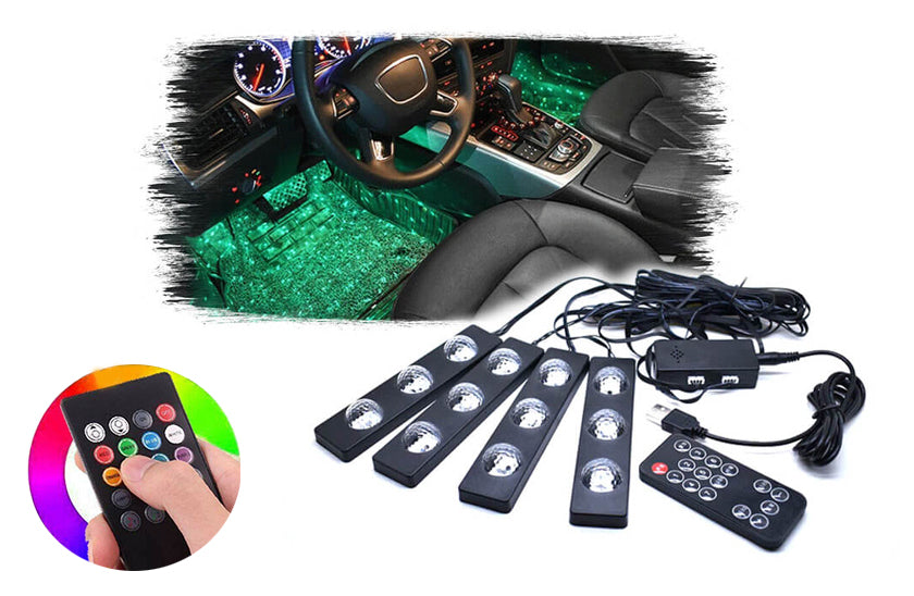 ForKumi car LED interior lights kit with remote control showing green lights under car dashboard