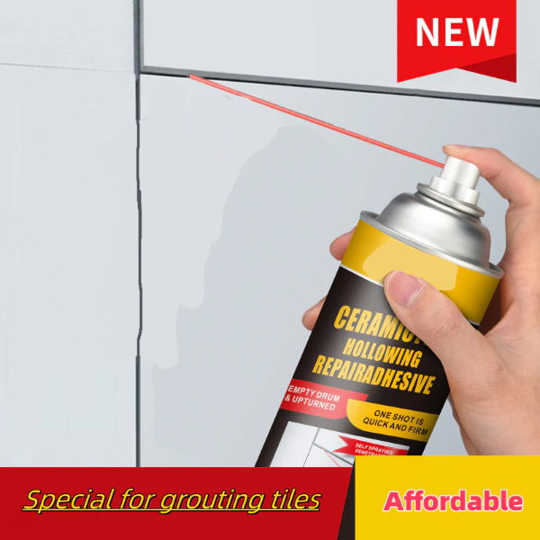 ForKumi fast curing tile adhesive spray being applied to grout lines for quick tile repair