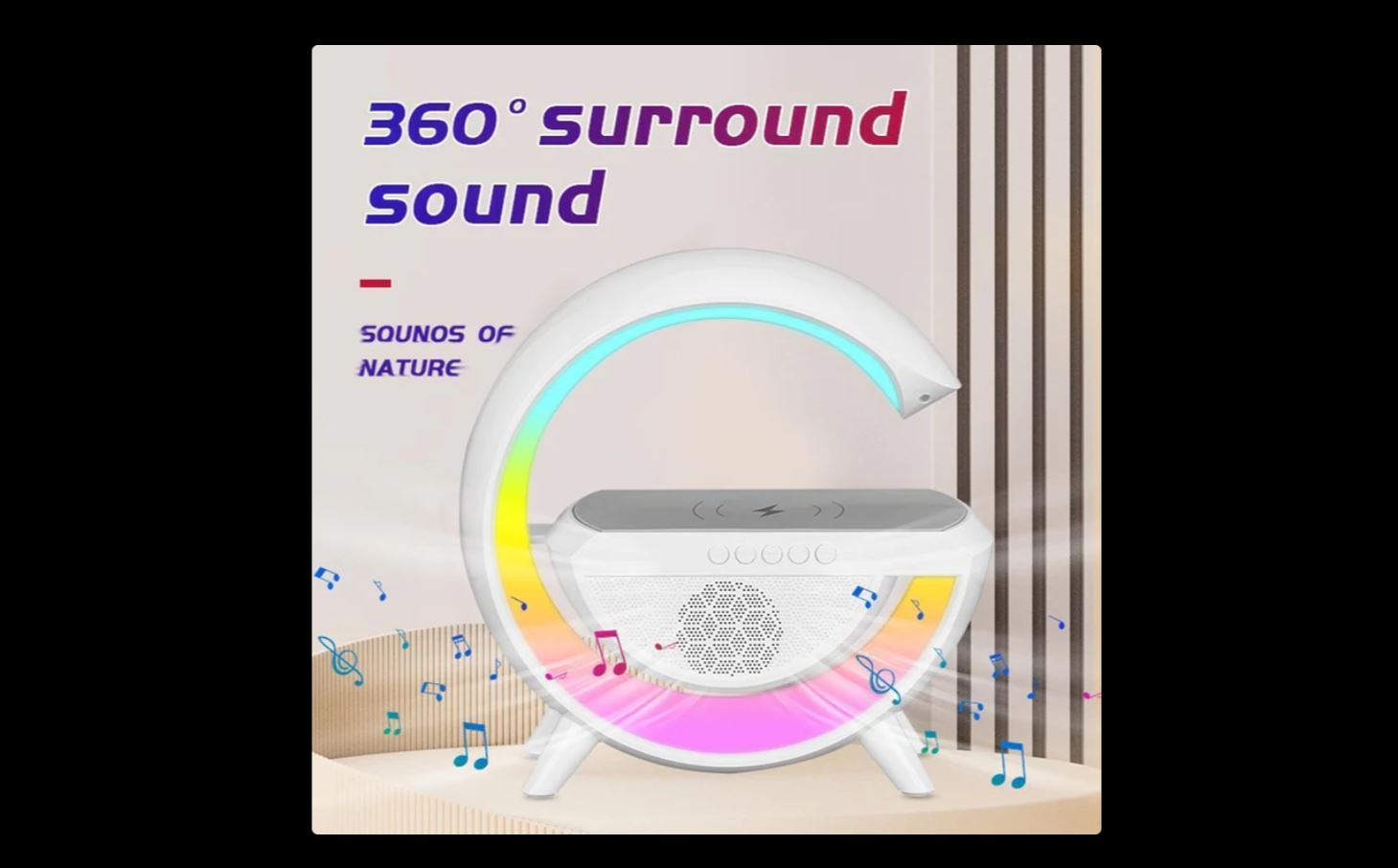 ForKumi charging station with Bluetooth speaker featuring 360-degree surround sound and colorful LED lights