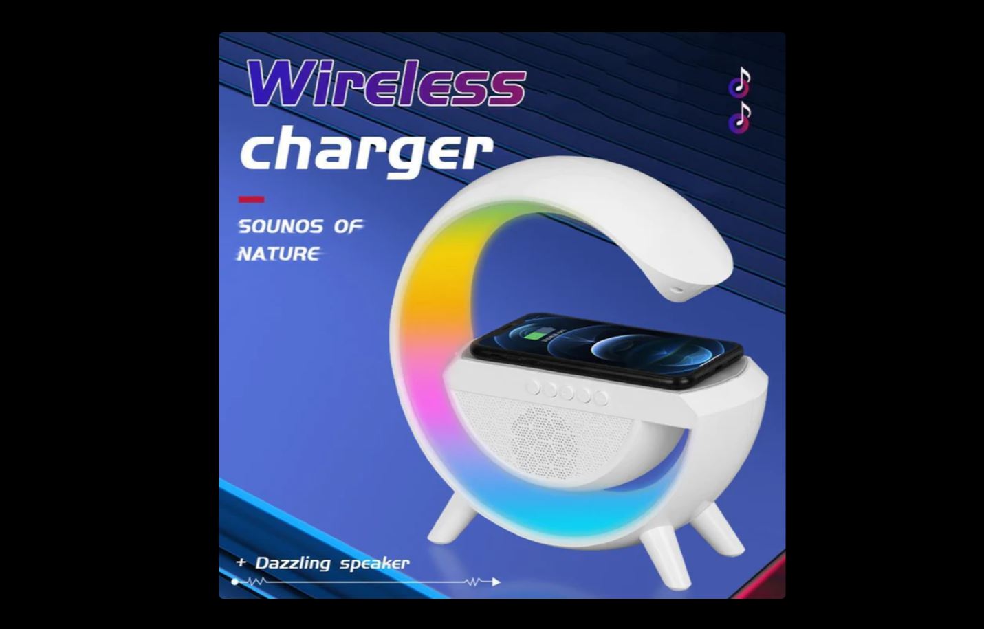 Wireless charging station with Bluetooth speaker featuring colorful LED lights and sleek modern design