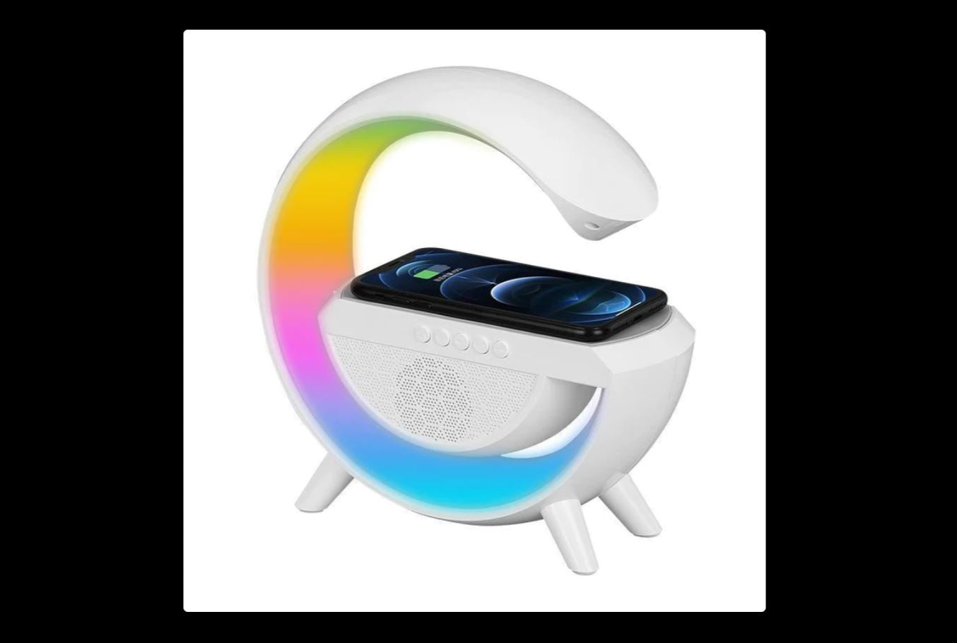 ForKumi charging station with Bluetooth speaker featuring colorful LED light and wireless phone charging