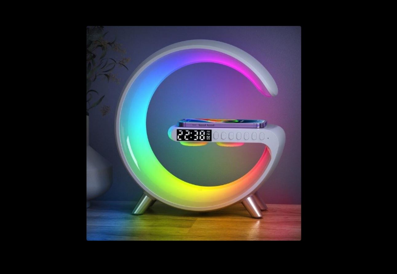 ForKumi charging station with Bluetooth speaker shaped like a glowing crescent with digital clock display