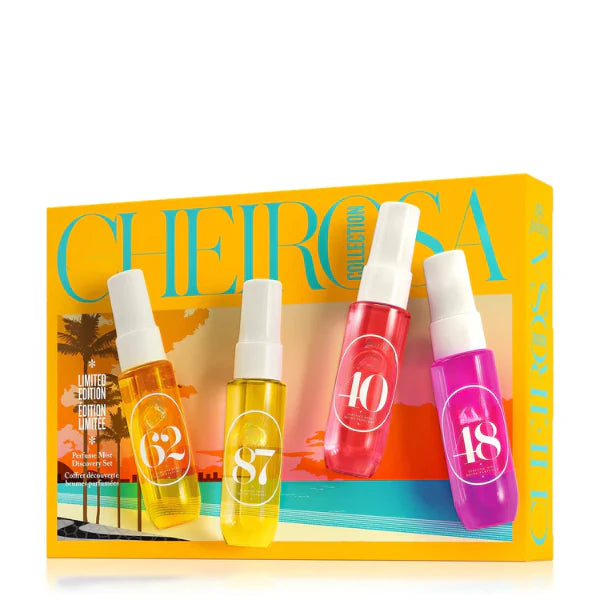ForKumi warm gourmand perfume mist set with colorful travel-sized bottles in vibrant packaging