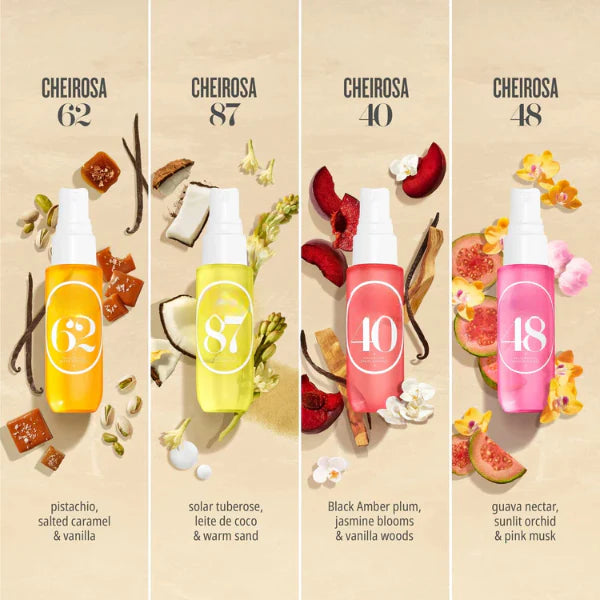 ForKumi warm gourmand perfume mist collection with colorful bottles and bright yellow packaging