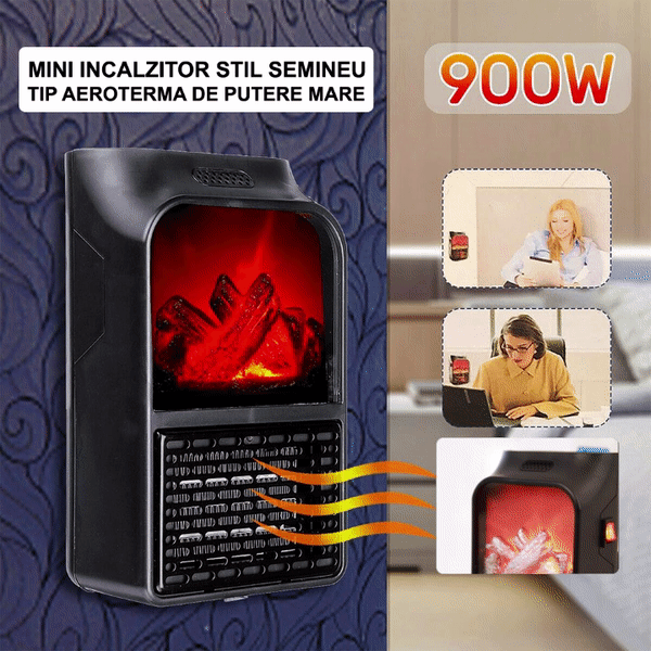 ForKumi compact electric fireplace with remote showing glowing red flames and 900W power