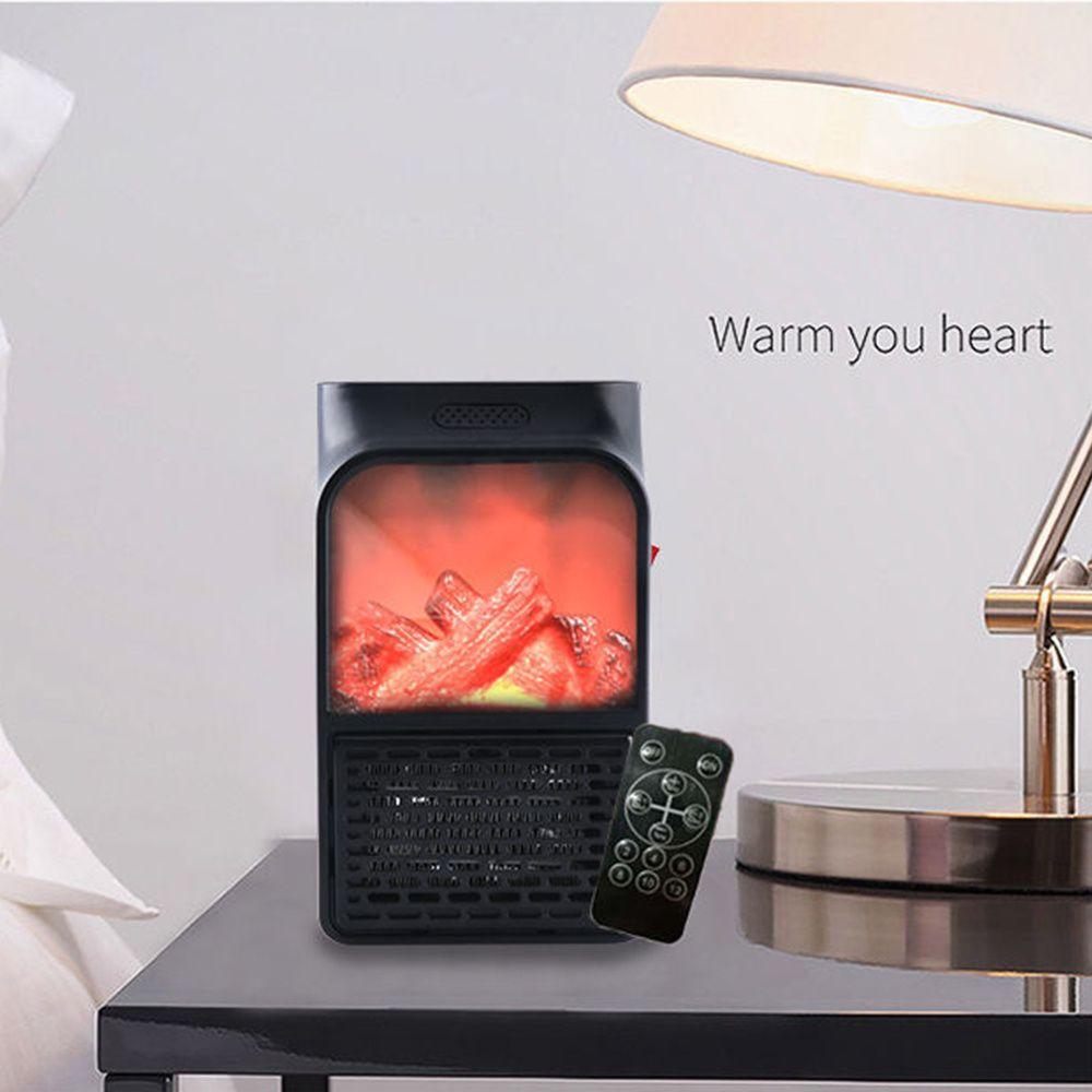 ForKumi compact electric fireplace with remote showing glowing red flames and 900W power