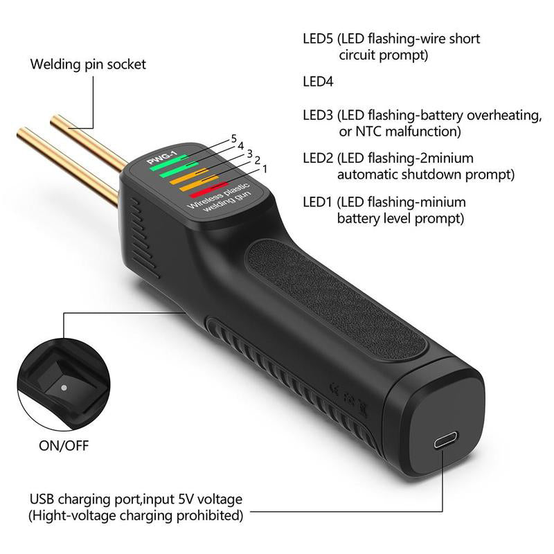 ForKumi cordless plastic welding gun with LED indicators, USB charging port, and on/off switch for car accessories