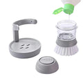 ForKumi eco-friendly kitchen cleaning tool with scrub brush, soap dispenser, and holder in gray and clear plastic