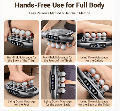 ForKumi deep tissue muscle massager showing hands-free use for full body with different massage positions