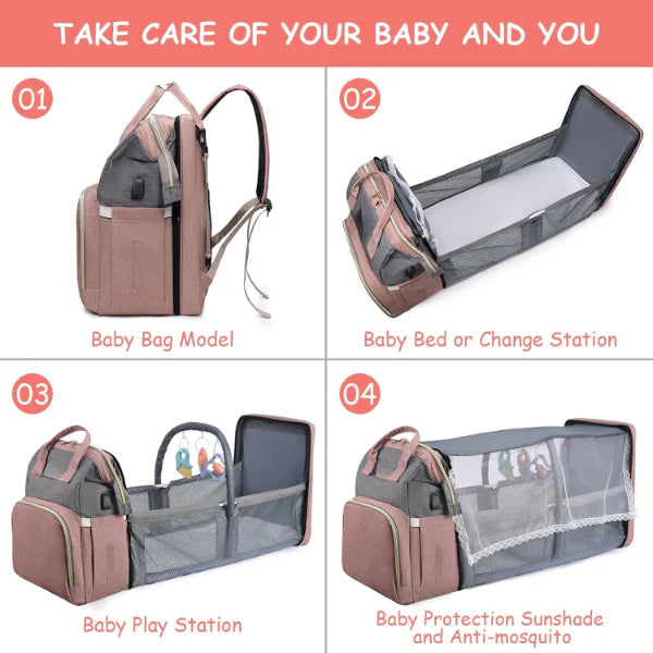 ForKumi diaper backpack for travel with baby bag, foldable baby bed, play station, and mosquito protection sunshade