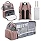 ForKumi diaper backpack for travel in pink and gray with multiple compartments and changing pad