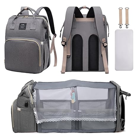 Gray ForKumi diaper backpack for travel with multiple compartments and portable foldable crib