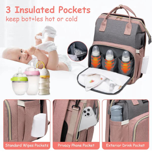 ForKumi diaper backpack for travel with insulated pockets, wipes holder, phone privacy pocket, and exterior drink pocket