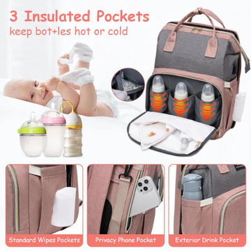 ForKumi diaper backpack for travel with insulated pockets, wipes holder, phone privacy pocket, and exterior drink pocket