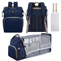 ForKumi diaper backpack for travel in navy blue with multiple compartments and foldable baby bed
