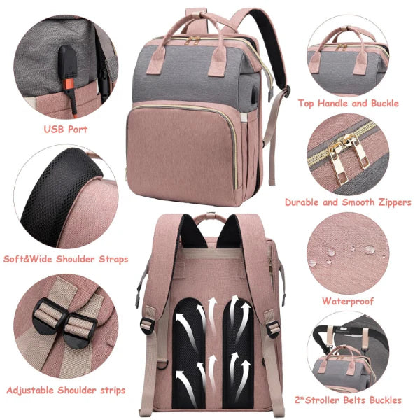ForKumi diaper backpack for travel with USB port, waterproof fabric, adjustable straps, stroller belt buckles, and durable zippers