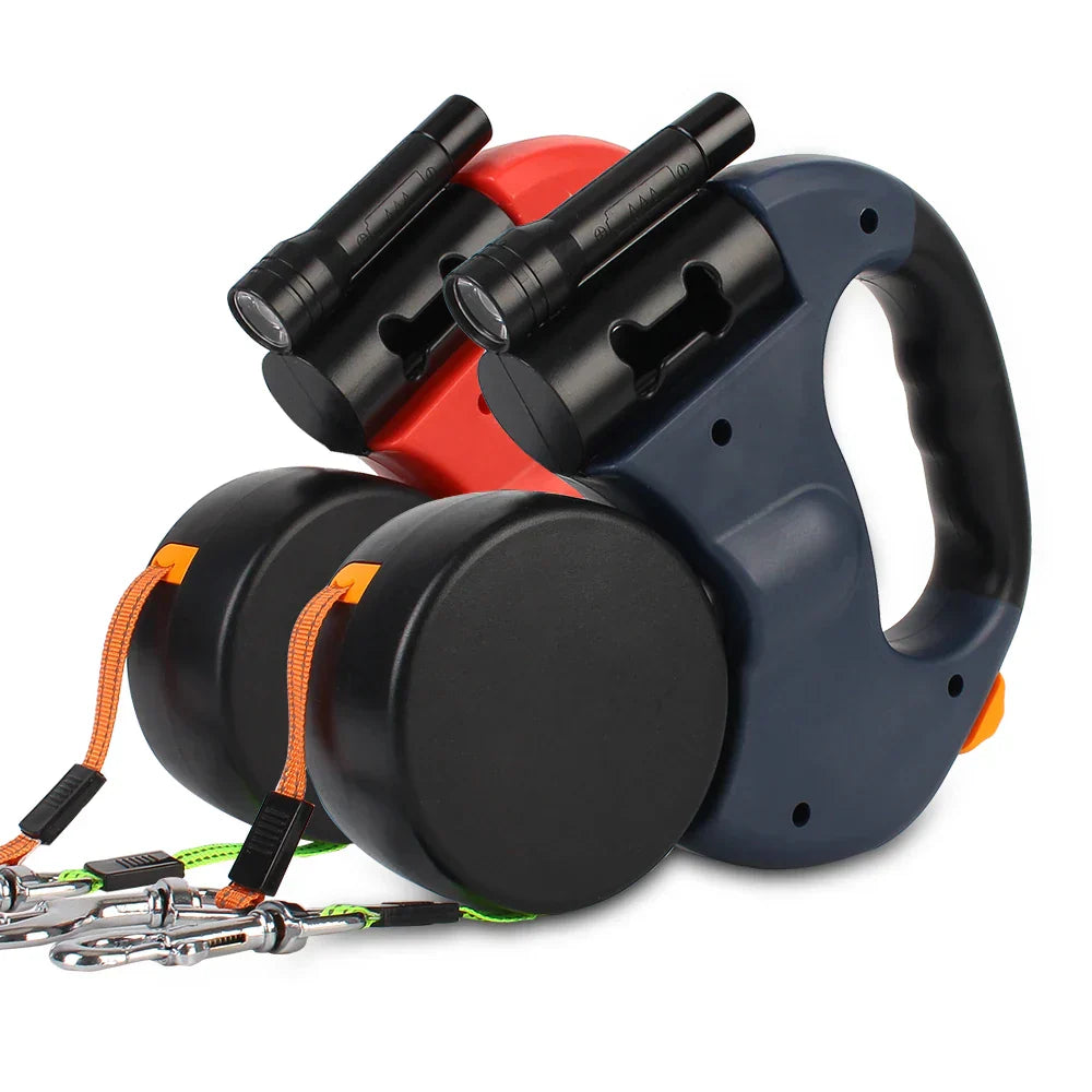 ForKumi dual dog leash tangle free with ergonomic handles and durable retractable cords in black and red
