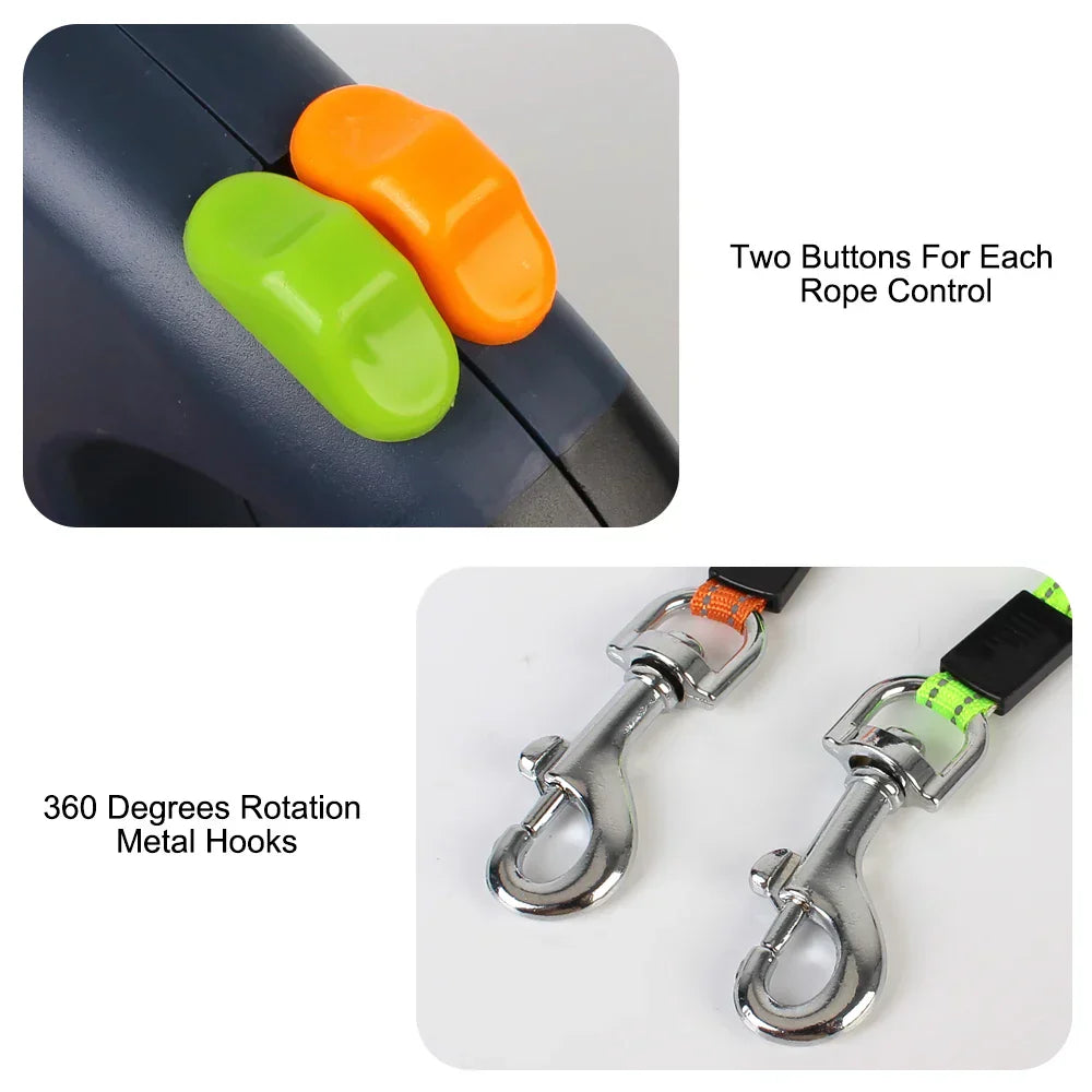 ForKumi dual dog leash tangle free with two control buttons and 360 degree rotation metal hooks