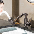 ForKumi dual temperature kitchen faucet with sleek metallic finish installed on black countertop with water flowing