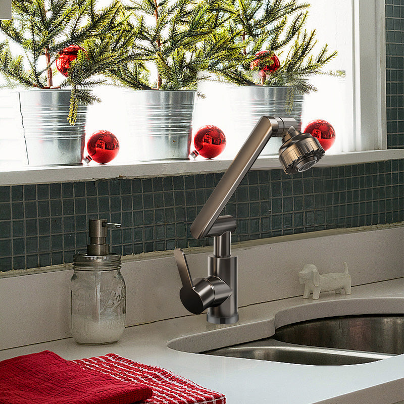 ForKumi dual temperature kitchen faucet in brushed metal finish installed on white countertop with stainless steel sink