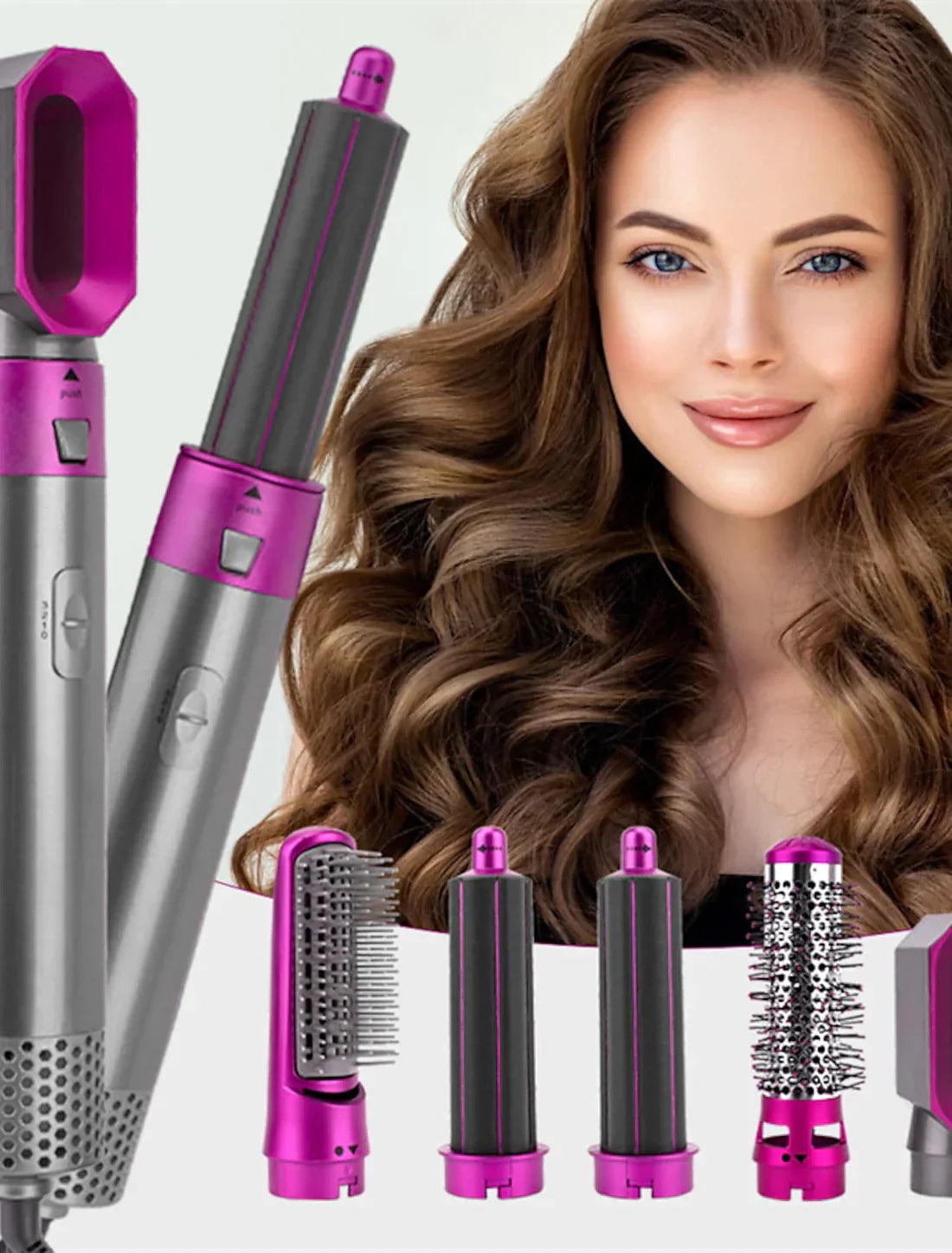 Woman using ForKumi multi-functional hair styling tool to curl long blonde hair indoors