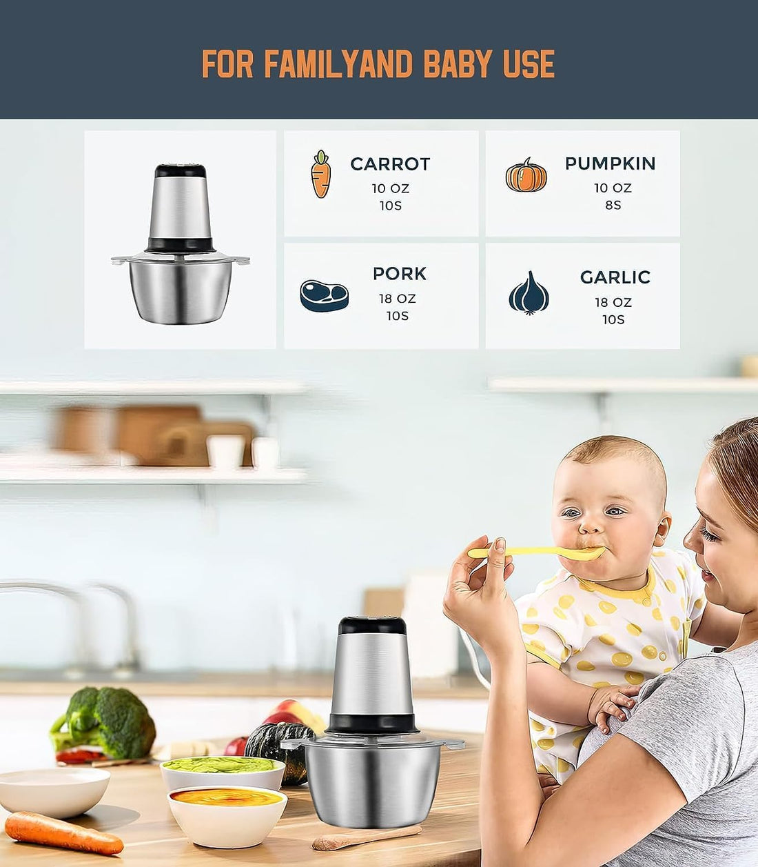 ForKumi easy clean meat chopper for kitchen with stainless steel bowl and sharp blades