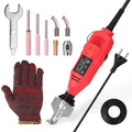 ForKumi electric chainsaw sharpener with red body, power cord, grinding stones, wrench, glove, and accessories