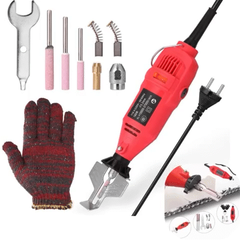 ForKumi electric chainsaw sharpener kit with red sharpener, glove, wrench, grinding stones, and accessories