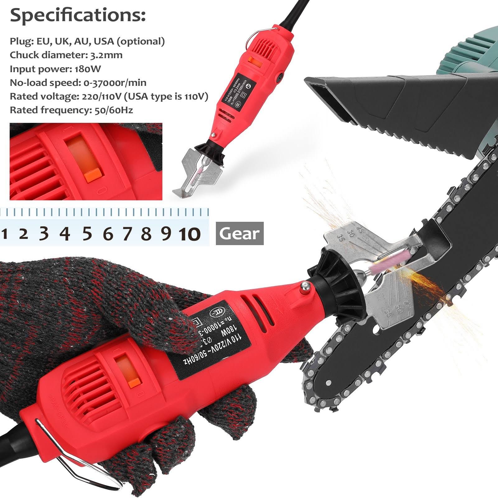 ForKumi electric chainsaw sharpener in use sharpening a chainsaw blade with gloved hand