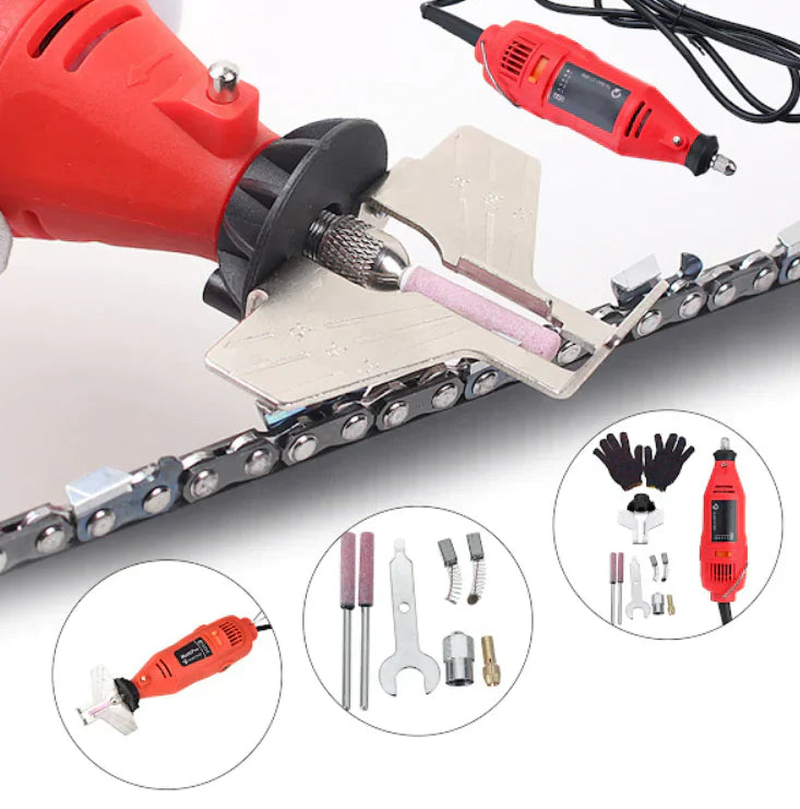 Red ForKumi electric chainsaw sharpener with grinding stones and accessories for sharpening chainsaw blades