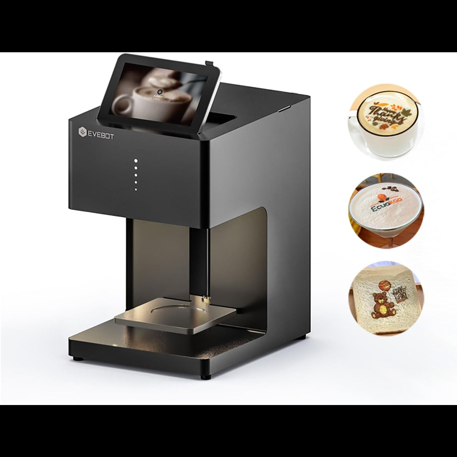 Modern black custom coffee art printer by My Store with tablet display and sample coffee art prints