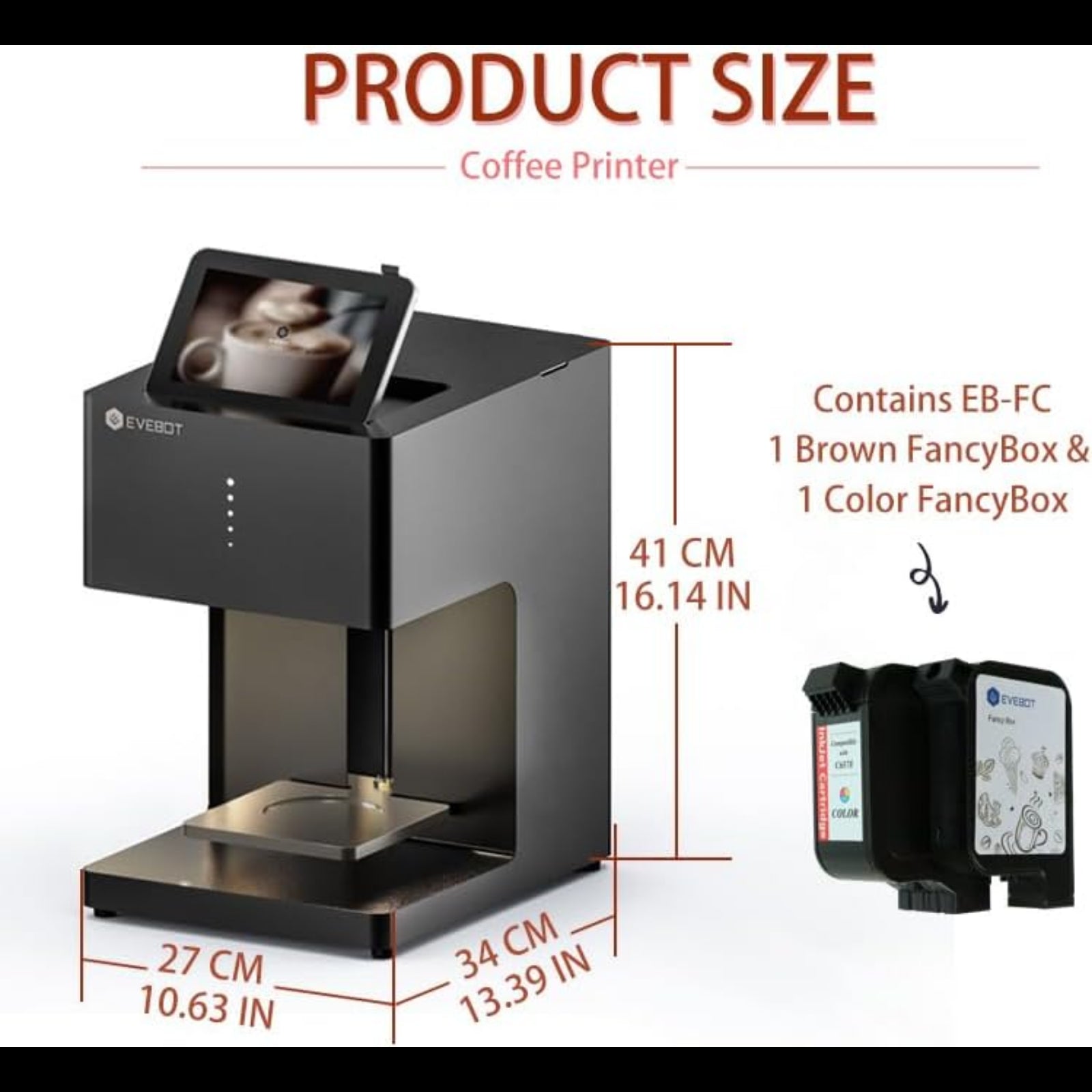 My Store custom coffee art printer with dimensions 41 cm height 27 cm width and 34 cm depth and included color FancyBox cartridges