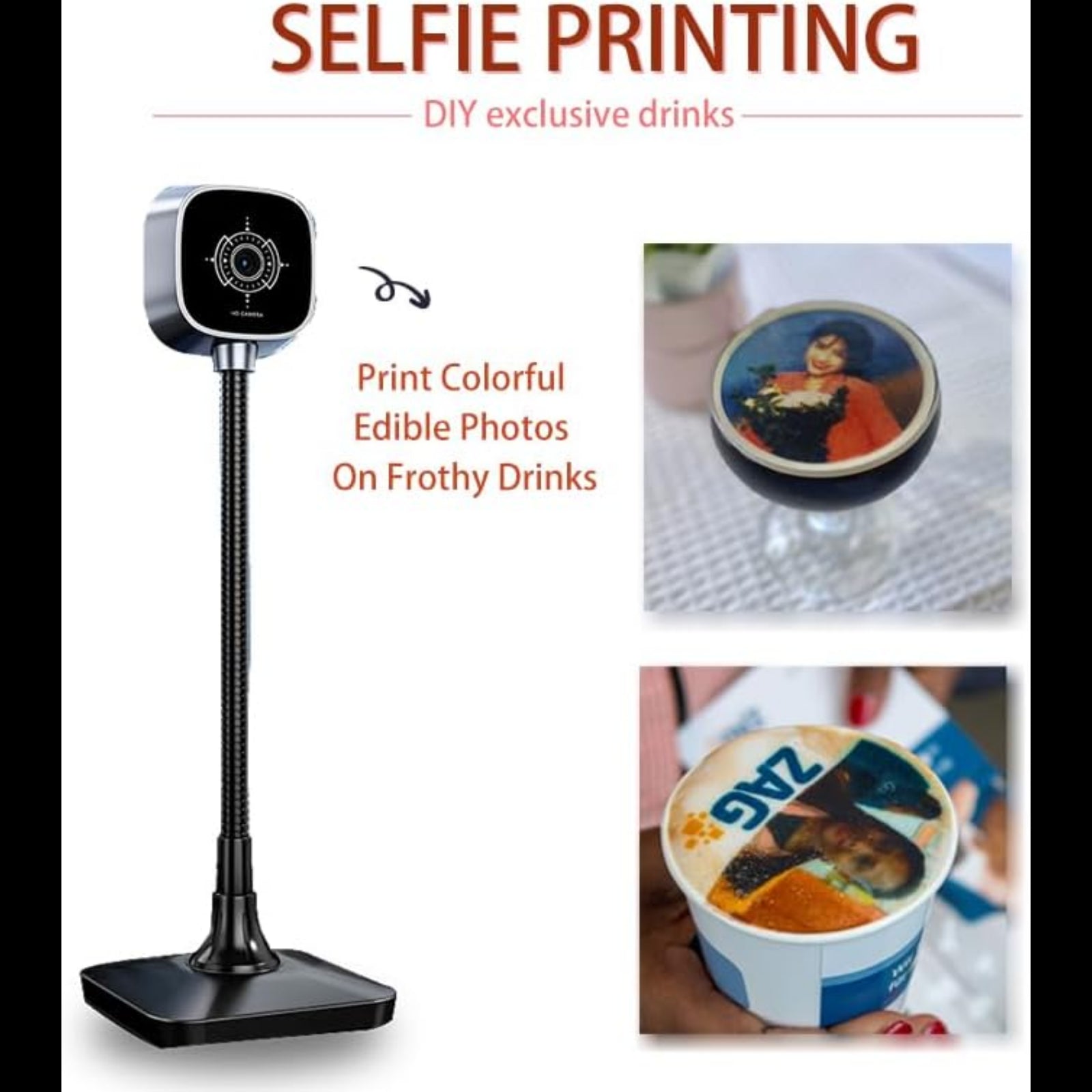 Custom coffee art printer by My Store printing colorful edible photos on frothy drinks with selfie printing feature