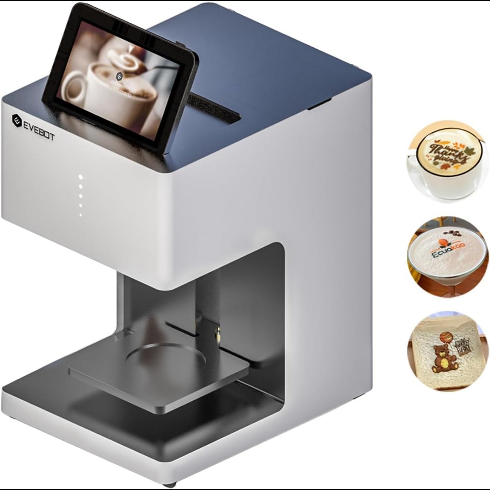 My Store custom coffee art printer printing latte art on coffee with a digital touchscreen display