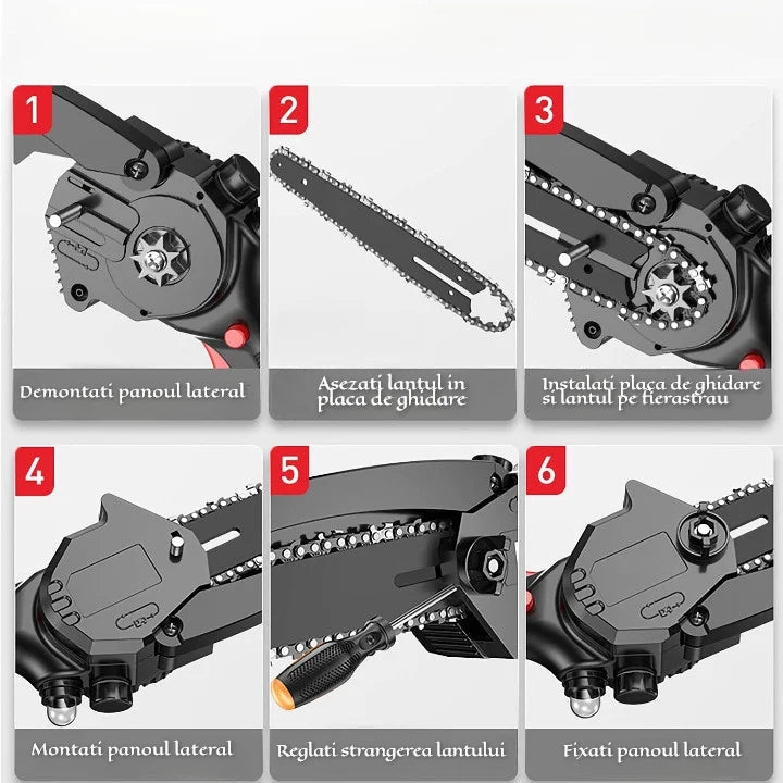 ForKumi 6 inch cordless chainsaw kit assembly steps showing detailed chain and guide bar installation