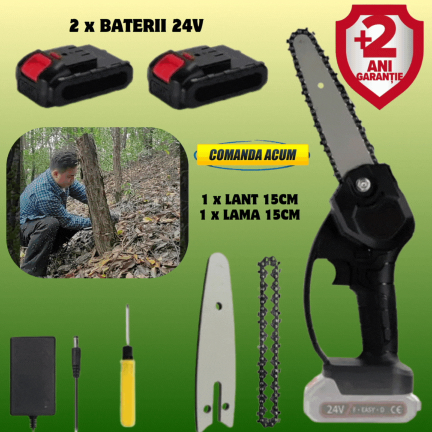 ForKumi 6 inch cordless chainsaw kit with 2 batteries, chain, blade, charger, and screwdriver for home use