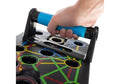 Hand gripping blue handle of ForKumi foldable pushup board set with colorful exercise positions