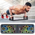 ForKumi foldable pushup board set with color-coded positions for targeting muscles and man exercising
