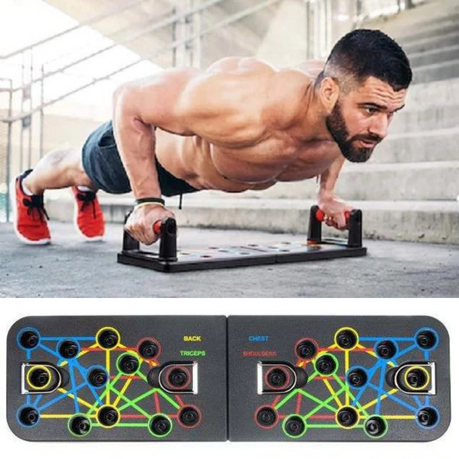ForKumi foldable pushup board set with color-coded positions for targeting muscles and man exercising