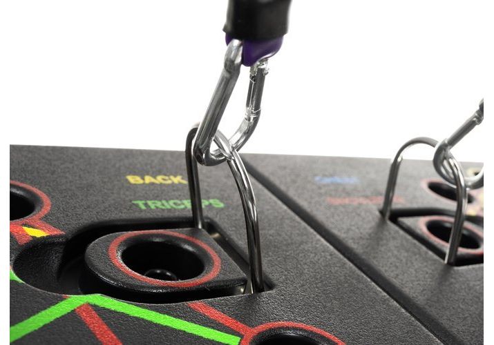 ForKumi foldable pushup board set showing detailed metal handles inserted into the black board with color-coded workout positions